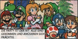 Pit (to the very right) at a Christmas party with various Nintendo characters and Mega Man in the Club Nintendo comic, "Super Mario: Die Bescherung"