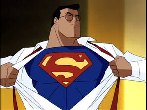 Clark Kent becoming Superman, as seen on Superman: The Animated Series.