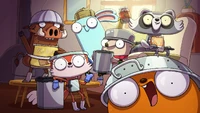 The crew takes a selfie to commemorate inventing "trashball-ball".