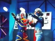 Kikaider and 01 performing the Double Brother Power on Giant Devil.
