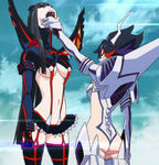 Satsuki wearing Senketsu while being grabbed by an brainwashed Ryūko.