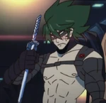 Uzu Sanageyama empuñando la Bakuzan Koryu