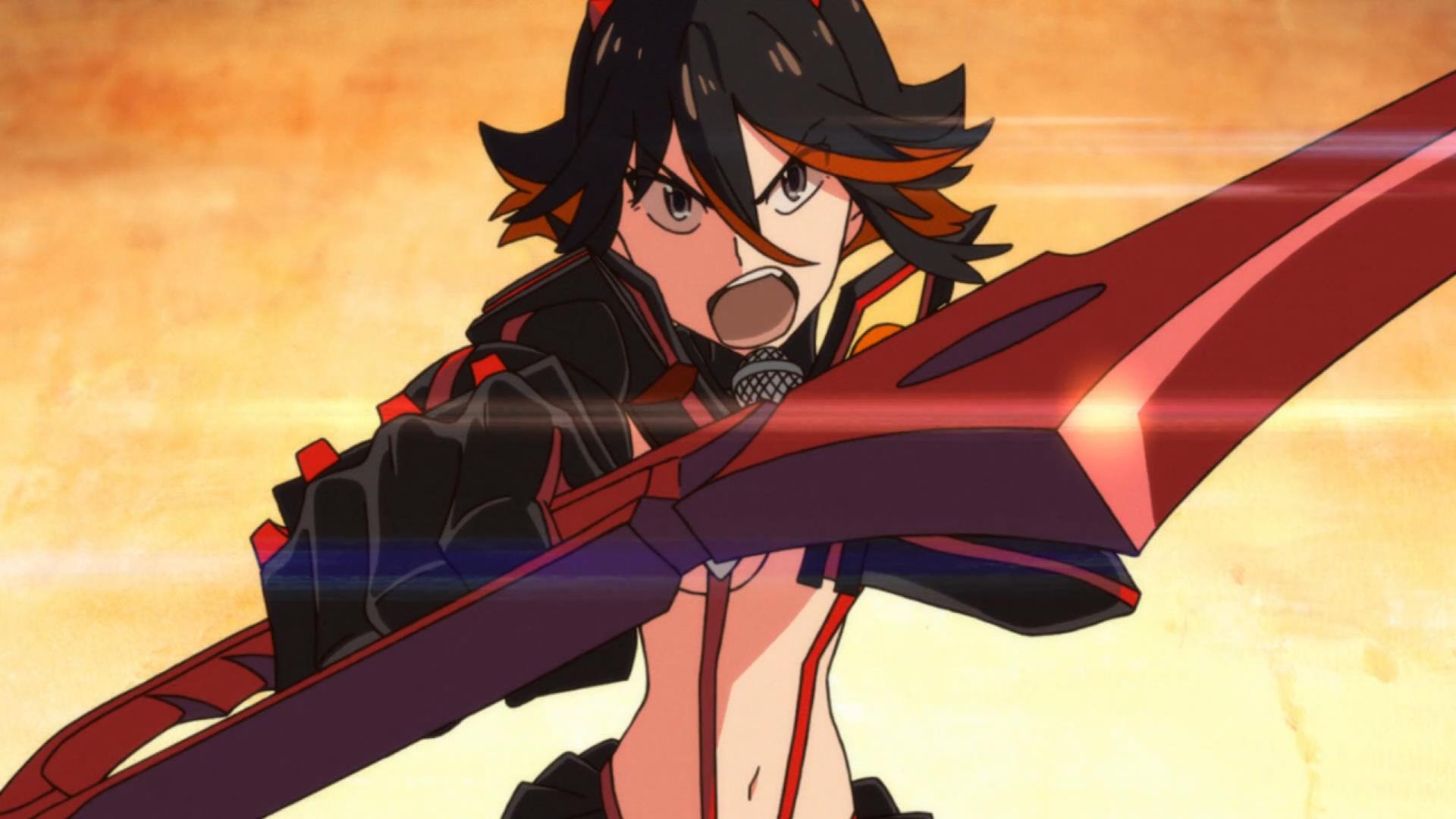 women, angry, hair in face, open mouth, face, anime, Kill la Kill, Matoi  Ryuuko, red background, anime girls, closeup