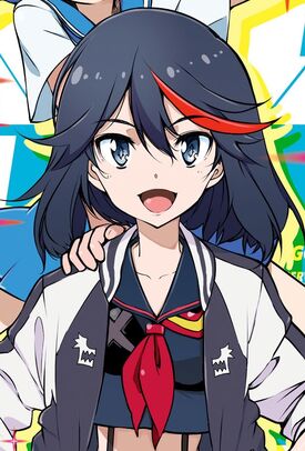 women, angry, hair in face, open mouth, face, anime, Kill la Kill, Matoi  Ryuuko, red background, anime girls, closeup