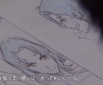 Conceptual design of Uzu's face with blue hair and a unique left iris.