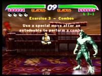 KI Gold's training mode in Kim Wu's stage, with the "dojo master" levitating in the background