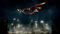 The mark of Gargos appearing over the darkened skies of the metropolis where Ultratech's HQ is located