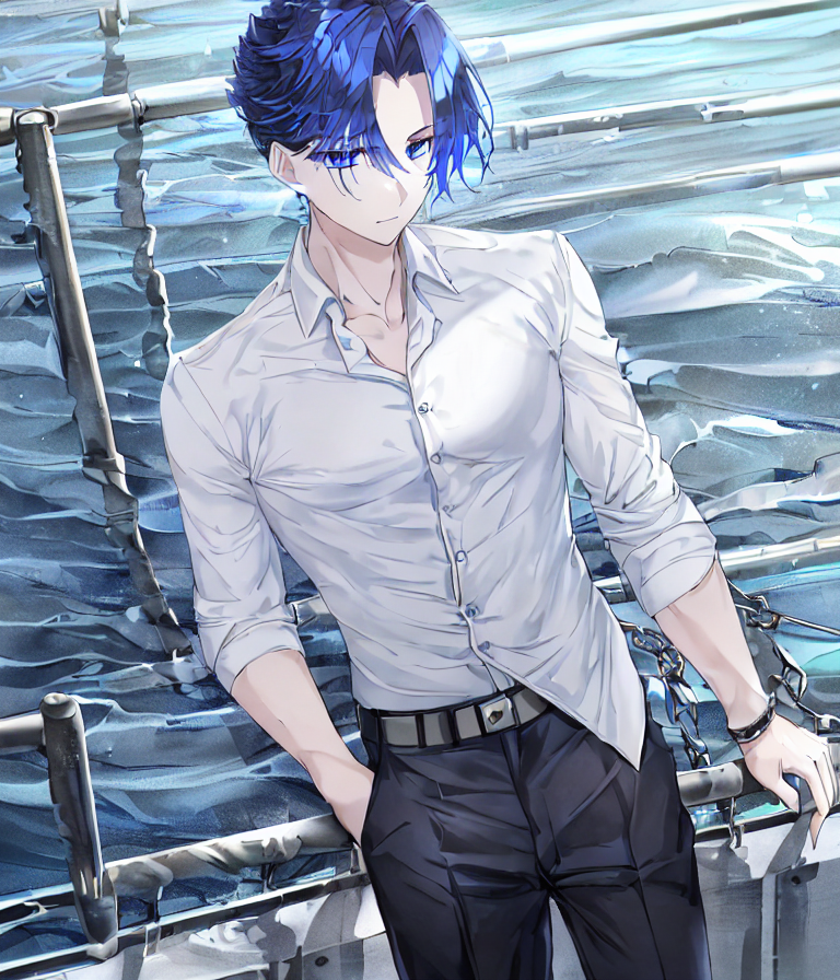 Anime character boy wearing a blue pant and bore skin holding a nichirin  sword , anime style