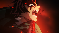 Gyutaro stabs Tanjiro's chin