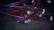 Nezuko's body getting cut up by Daki's sashes.