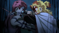 Akaza and Kyojuro in a power struggle