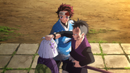 Tanjiro stopping Genya from manhandling Kanata