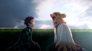 Kyojuro encourages Tanjiro.