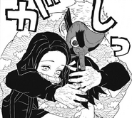 Nezuko and Sakonji hugging Tanjiro.