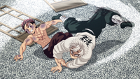 Tanjiro evades Sanemi's kick