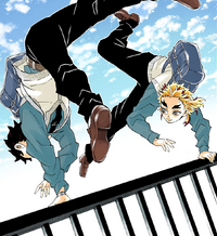 Sumihiko and Tojuro parkour over their school gate