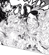 Tanjiro watches Nezuko healing Inosuke.