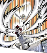 Angered by Shinobu's death, Inosuke attacks Doma with Beast Breathing, Fourth Fang: Slice 'N' Dice.