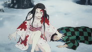 Nezuko protecting an unconscious Tanjiro from Giyu.