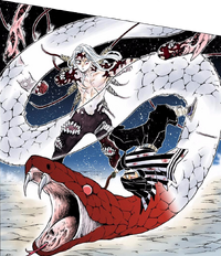 Obanai attacking Muzan with his bright red blade