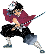 Anime character boy wearing a blue pant and bore skin holding a nichirin  sword , anime style