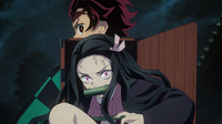 Nezuko protecting Tanjiro from the Swamp Demon