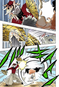 Inosuke deflects Doma's attack with his feet