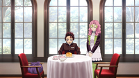 Tanjiro is surprised by Mitsuri serving pancakes