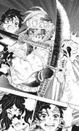 Tengen intercepts Gyutaro's attack to save Tanjiro.