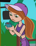 Purple crop top, purple shorts, purple hat (with ponytail)