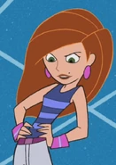 Camille disguise, comprised of blue striped tank top, pink belt, white pants, black boots