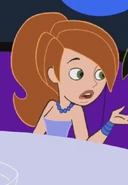 Light purple dress with ponytail.