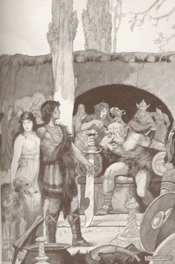 Culhwch at Ysbadadden's court. Image by E. Wallcousins in "Celtic Myth & Legend", Charles Squire, 1920.

"Horses shall I have, and chivalry; and my lord and kinsman  will obtain for me all these things. And I shall gain thy daughter, and thou shalt lose thy life."

"Go forward...and when thou hast compassed all these marvels, thou shalt have my daughter for thy wife."
Culhwch and Ysbaddaden