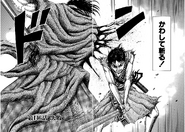 Chapter 146 cover. Shin wounds and draws blood from Hou Ken as he cuts the Bushin and Great General.