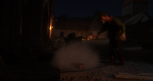 Henry dodges the brick