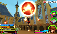 Sora usando Descarga Ígnea en Kingdom Hearts 3D: Dream Drop Distance.