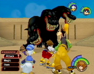 Sora, Donald y Goofy contra Cerbero en Kingdom Hearts