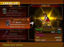 Sora subiendo de nivel y siendo incapaz de aumentar su vitalidad.