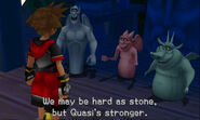 Sora parlant aux trois gargouilles.