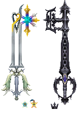 Kingdom hearts 2 sora and roxas facing back to back with the oathkeeper  keyblade in the middle