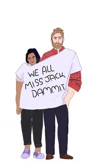 Lily and Sammy stuck in the "We all miss Jack, dammit" shirt by dreamsaretrees