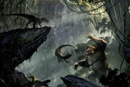 Design of Megaprimatus kong against three dinosaurs
