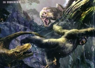 Concept of Megaprimatus kong against two V-rexes