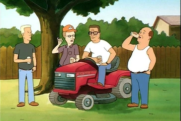 Hank, Dale, Bill, and Boomhauer all standing around the mower.