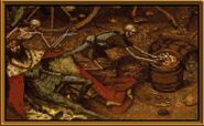 In Laura Bow II dead king Graham is portrayed as tortured by skeletons in Hell. He is shown wearing a red cape (with white fur on top), a suit of armor, a crown. He has a full and dark beard.