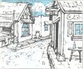 The drawing was to set the character of the Swarthy Hog Inn and town. It was later decided to separate the inn from the town for logistical reasons.