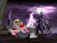 Kirby y un Wheelie rosado en un castillo.