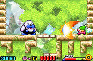 Kirby fighting Mr. Frosty in the remake.