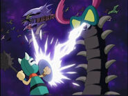 A worm-like monster spits electricity at a mace-wielding Star Warrior in Meta Knight's first flashback.