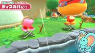 Kirby fishes while Bandana Waddle Dee is carrying a overweight Blipper.